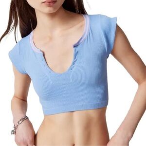 Women Blue and Pink Ribbed Top